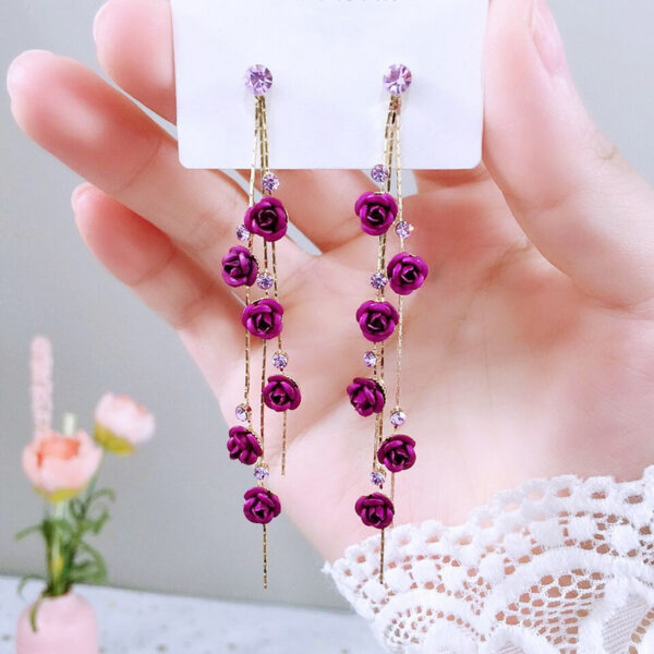 Flower Long Earrings Wild Red Rose Flower Long Rhinestone Tassel Earrings Earrings - Image 5