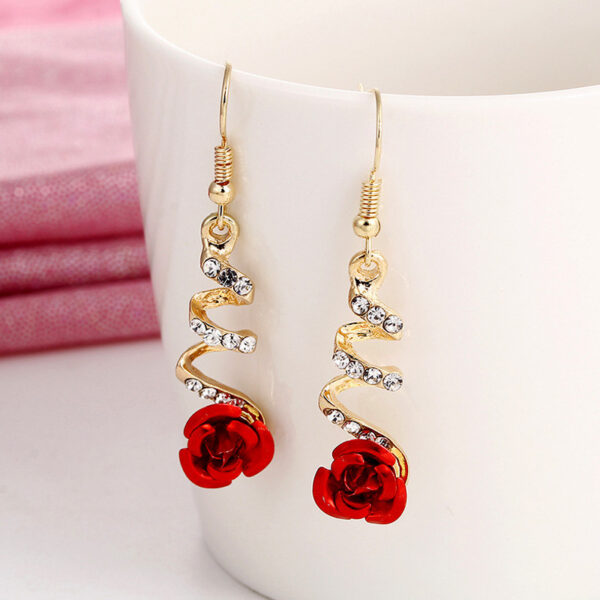 Flower Long Earrings Wild Red Rose Flower Long Rhinestone Tassel Earrings Earrings - Image 4